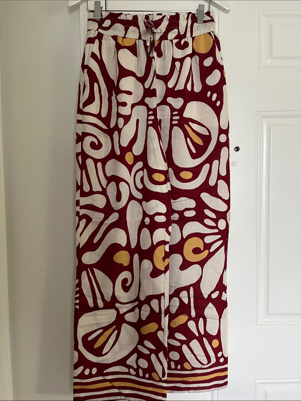 RACHEL Rachel Roy Maroon, Cream & Mustard Abstract Wide-Leg Pants